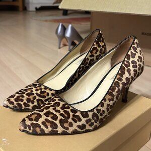 Cole Haan Real Cow Fur Leopard Print Pointed Toes Pumps Block Heels 14E